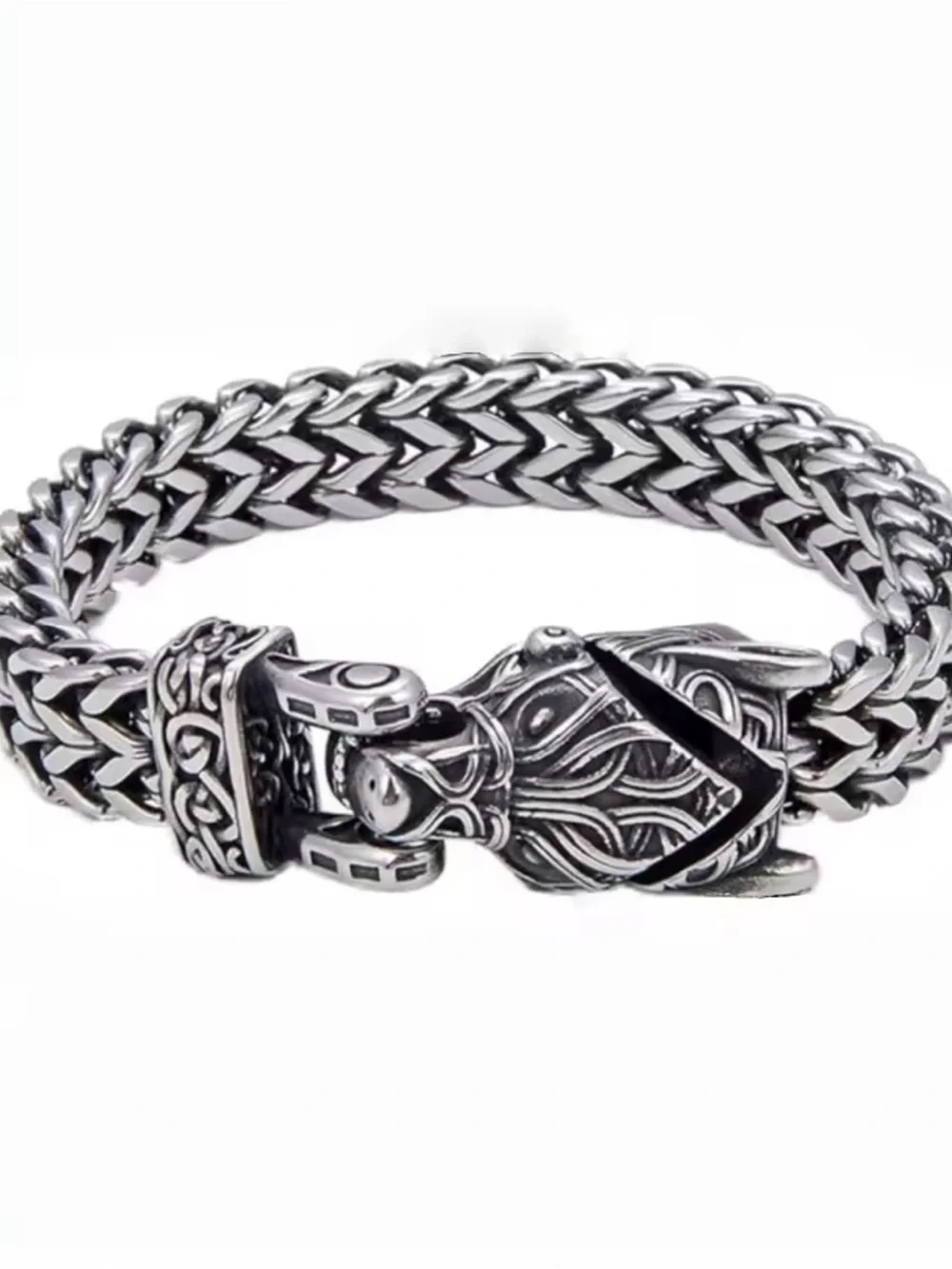 Sterling Silver Viking Wolf Bracelet - Braided Chain
